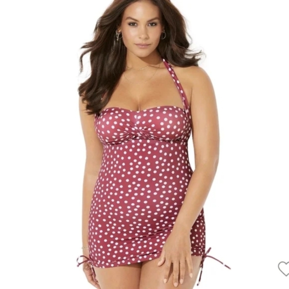 Swimsuits For All Women's Side Cinched Polka Dot Halter One Piece Swimsuit